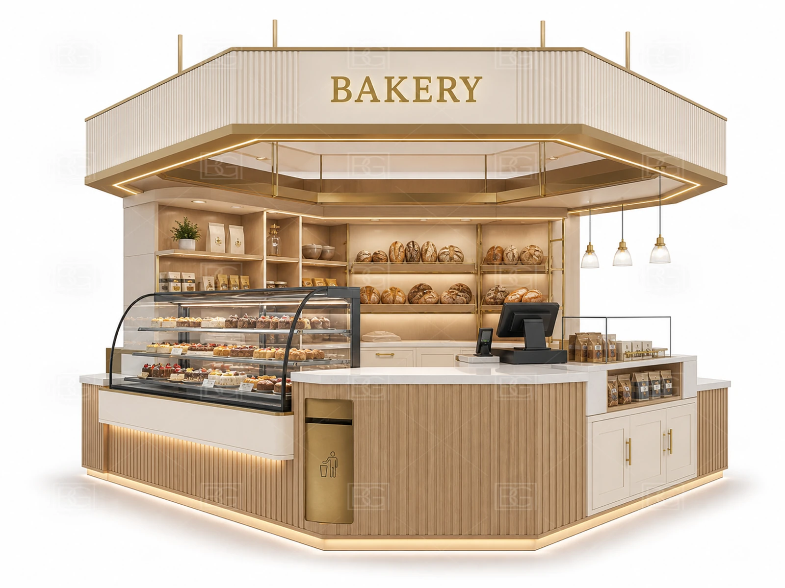 Custom Bread Display Counter in Cream & Gold Patisserie Style with Easy-Flow Ordering & Pickup - view 01