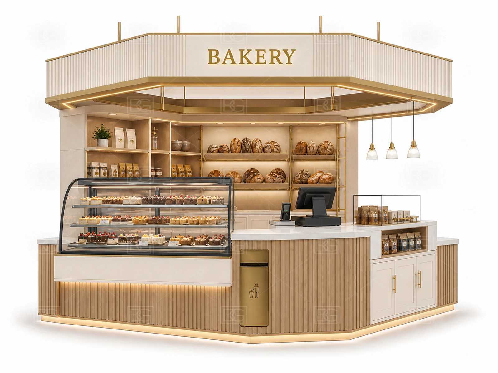 Custom Bread Display Counter in Cream & Gold Patisserie Style with Easy-Flow Ordering & Pickup - view 02