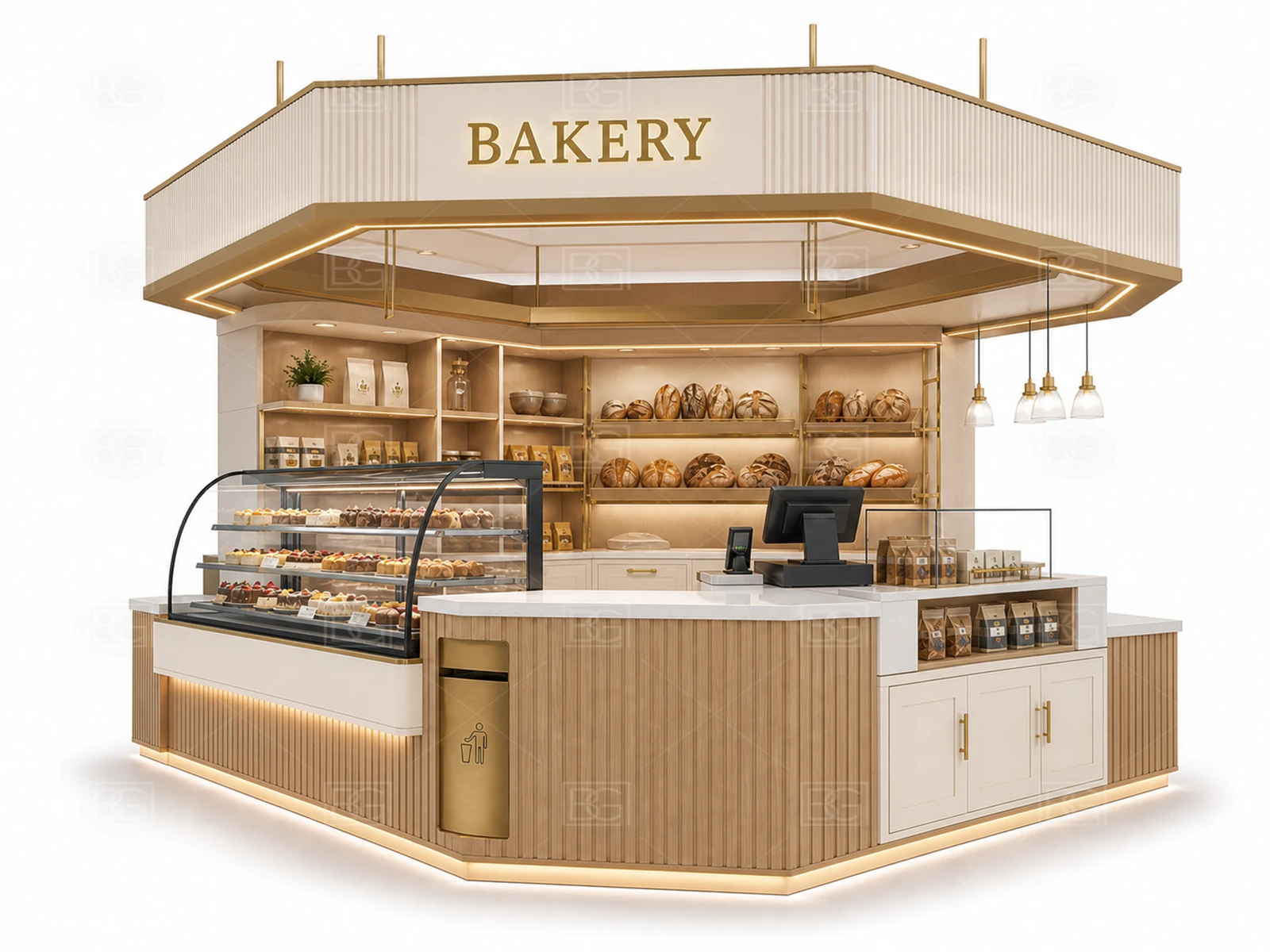 Custom Bread Display Counter in Cream & Gold Patisserie Style with Easy-Flow Ordering & Pickup - view 03