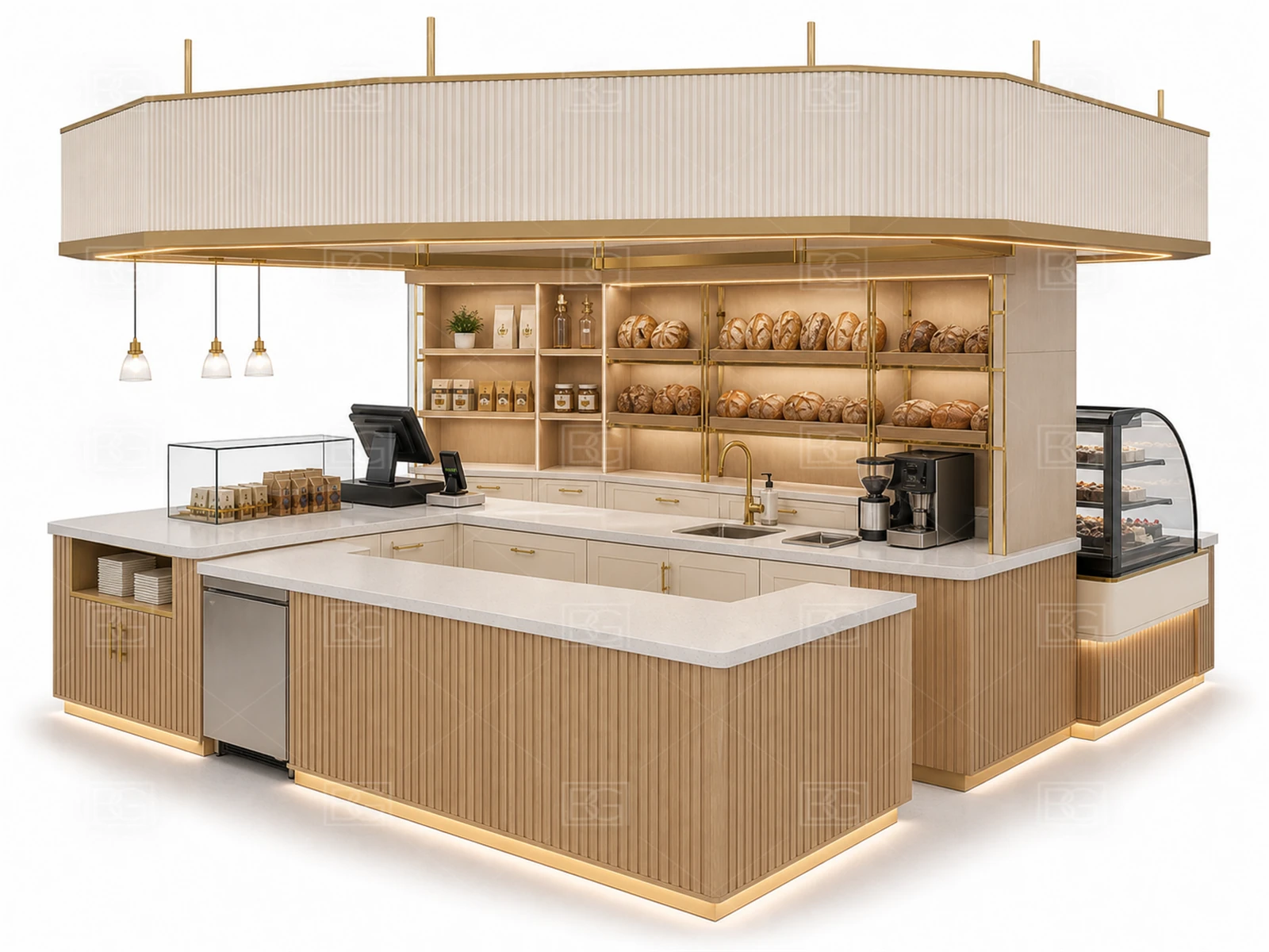Custom Bread Display Counter in Cream & Gold Patisserie Style with Easy-Flow Ordering & Pickup - view 04