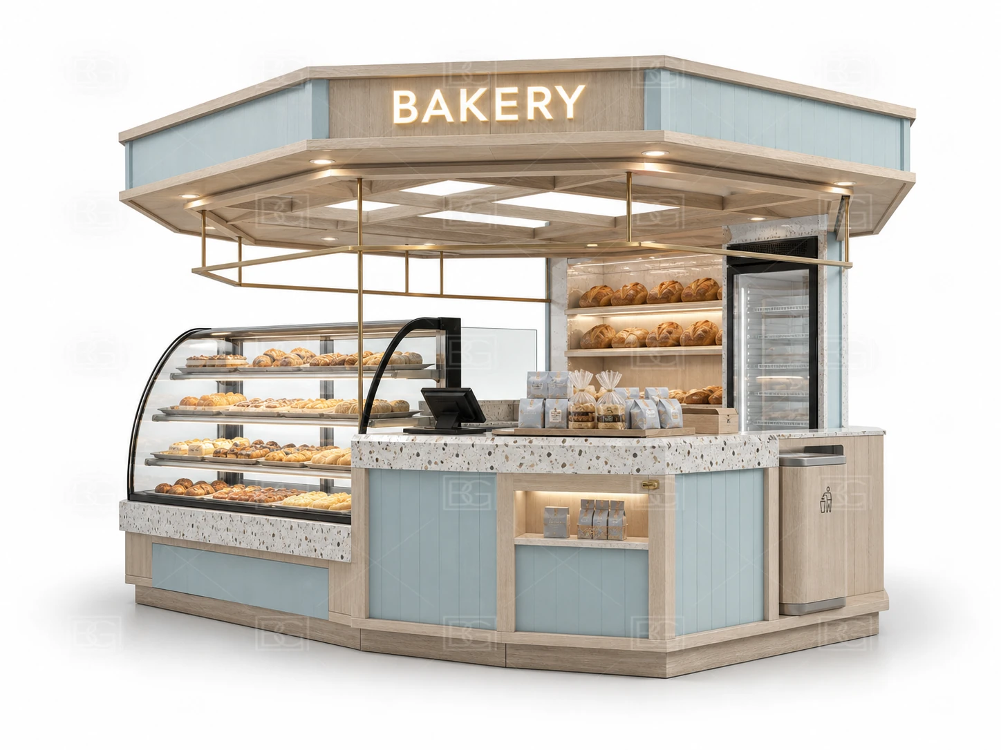 Custom Bread Display Counter in Soft Blue Coastal Style with Sweeping Curved Pastry Counter - view 01