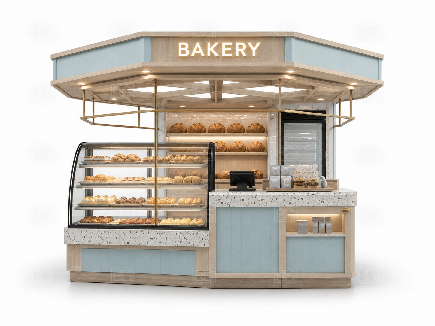Custom Bread Display Counter in Soft Blue Coastal Style with Sweeping Curved Pastry Counter - view 02