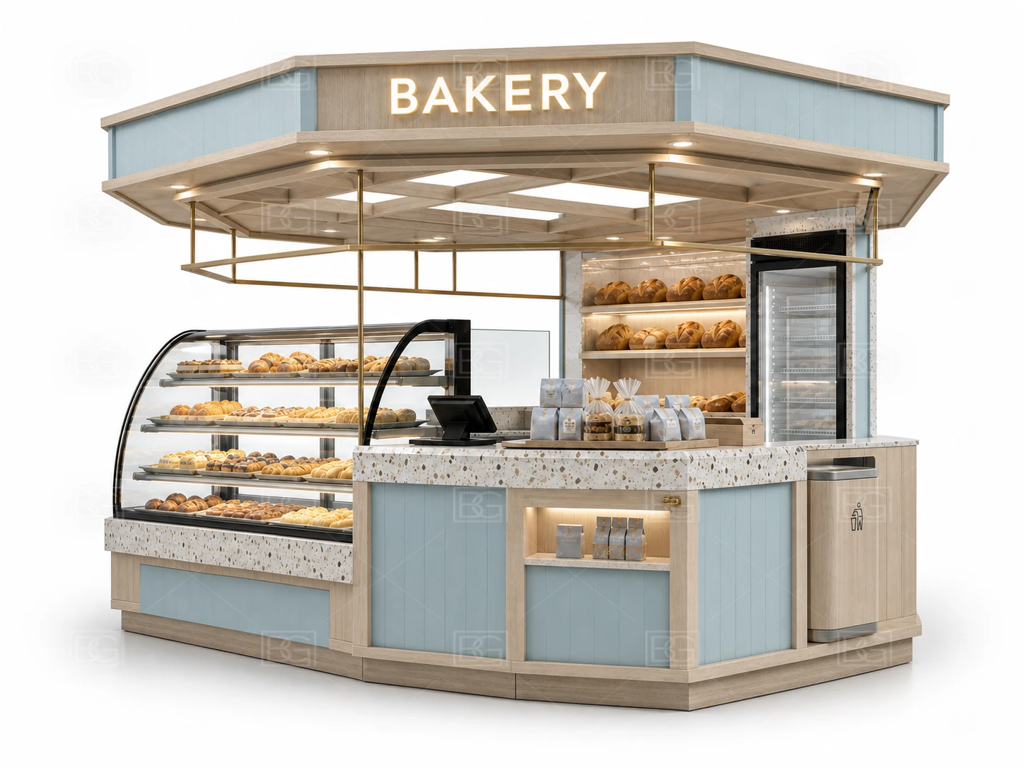 Custom Bread Display Counter in Soft Blue Coastal Style with Sweeping Curved Pastry Counter - view 03