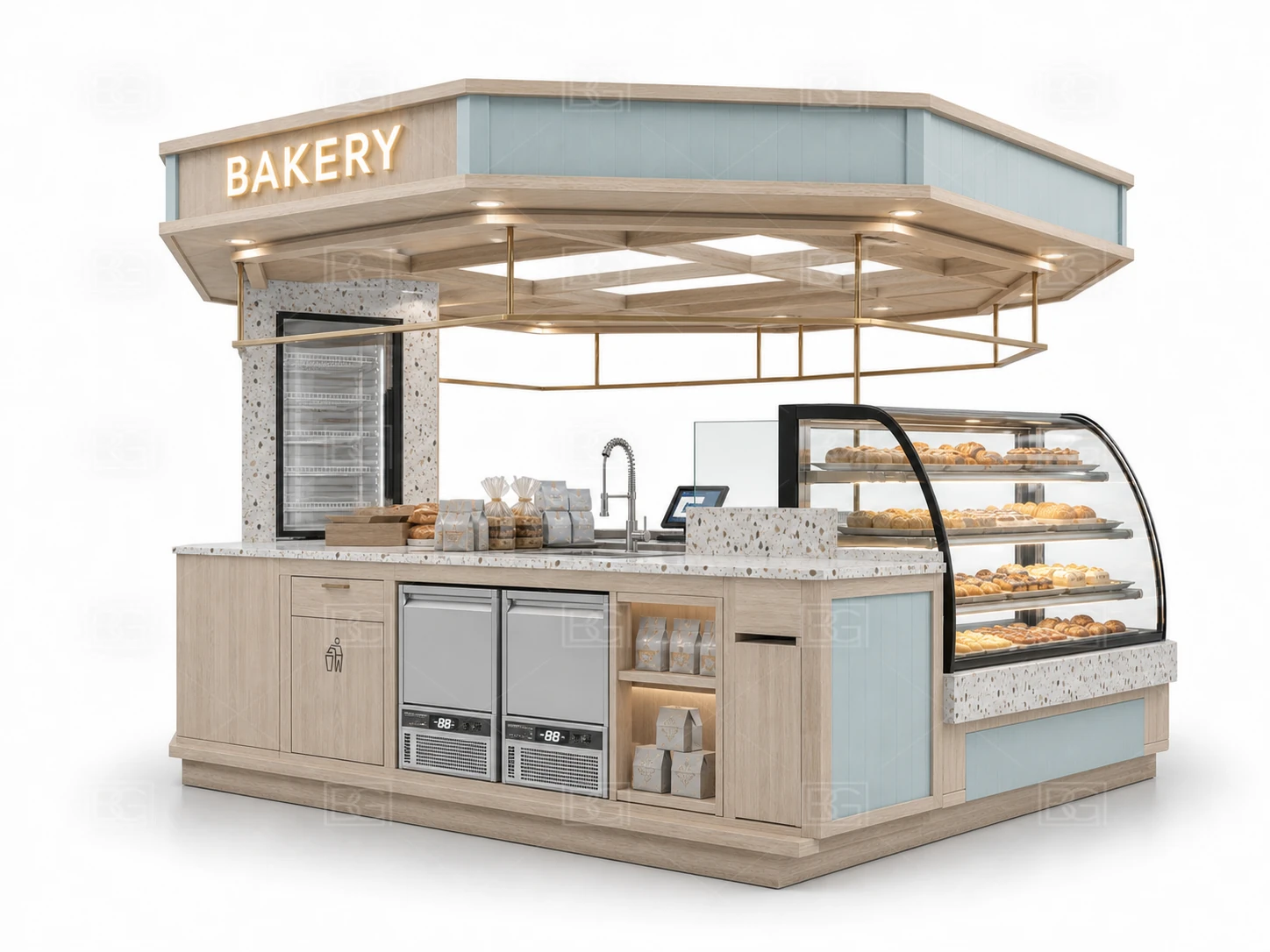 Custom Bread Display Counter in Soft Blue Coastal Style with Sweeping Curved Pastry Counter - view 04