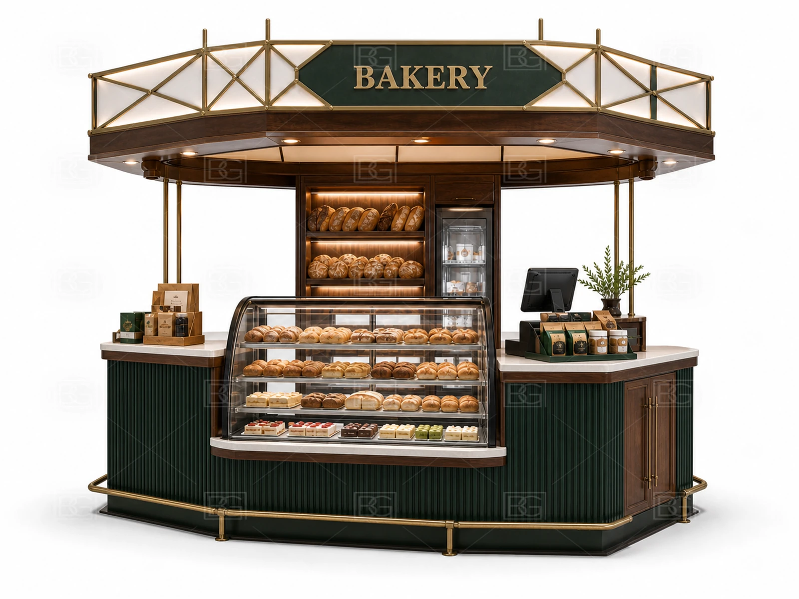 Emerald Green & Walnut Bakery Kiosk with Recessed POS & Pickup at Factory Price - view 02