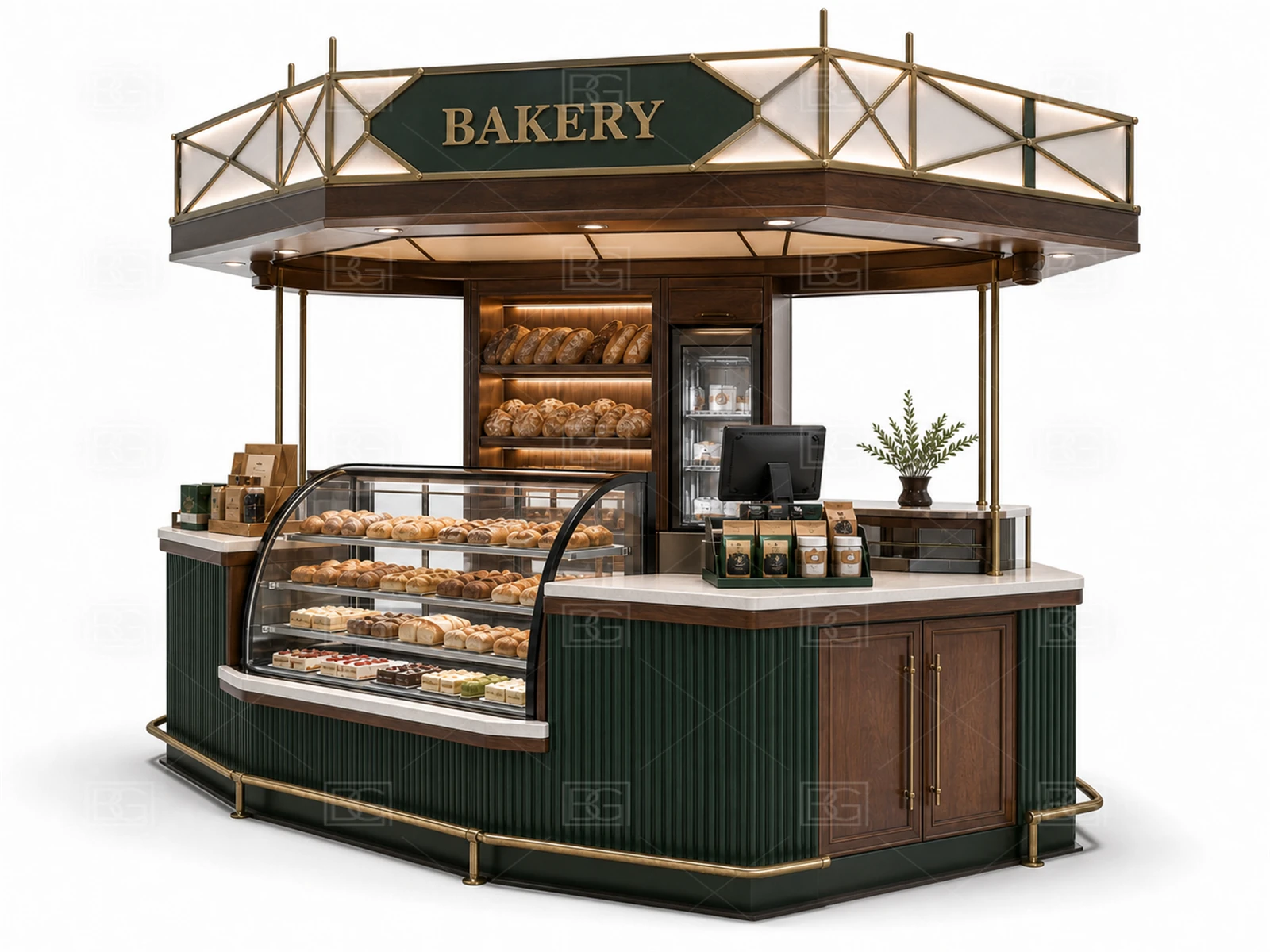 Emerald Green & Walnut Bakery Kiosk with Recessed POS & Pickup at Factory Price - view 03