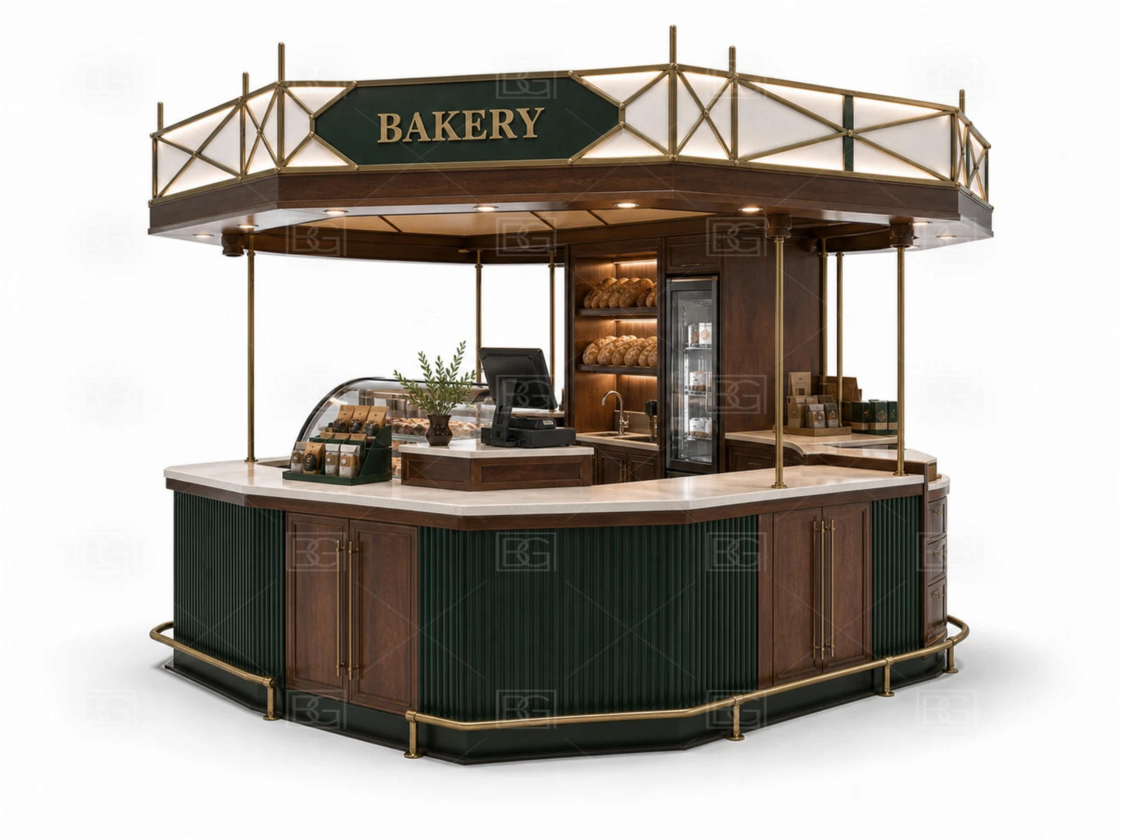 Emerald Green & Walnut Bakery Kiosk with Recessed POS & Pickup at Factory Price - view 04