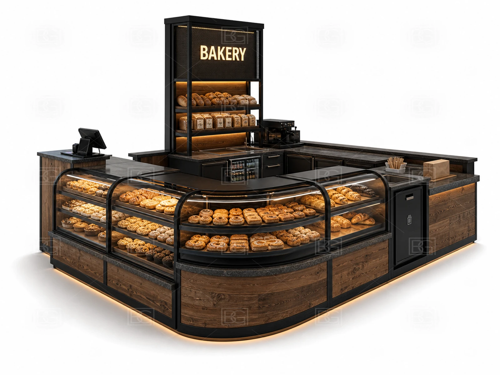 Industrial Black & Walnut Bakery Kiosk with Angled Pastry Counters at Factory Price - view 01