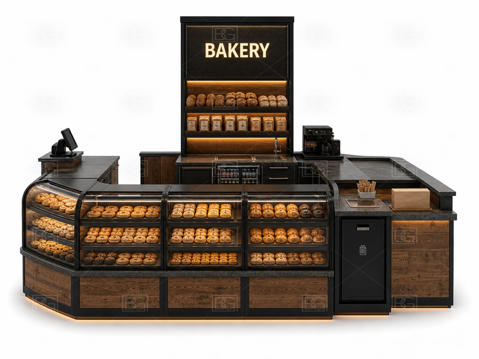 Industrial Black & Walnut Bakery Kiosk with Angled Pastry Counters at Factory Price - view 02