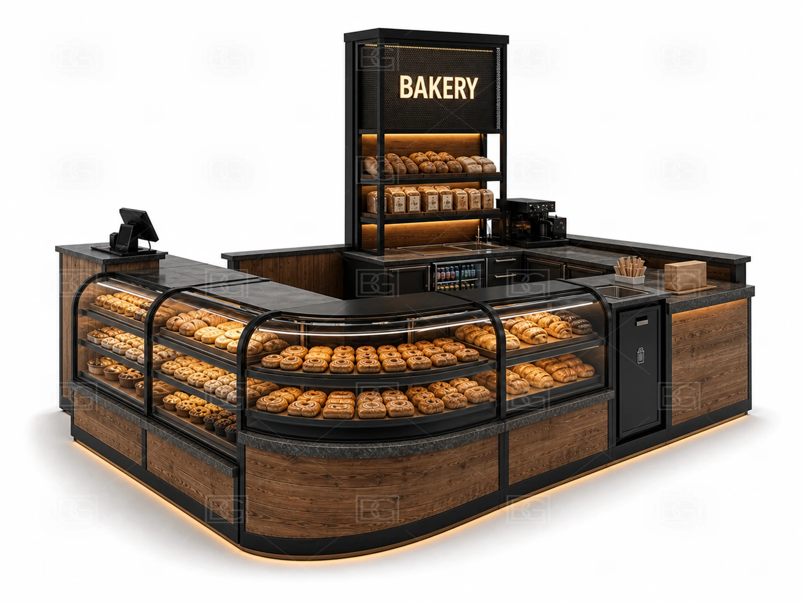 Industrial Black & Walnut Bakery Kiosk with Angled Pastry Counters at Factory Price - view 03