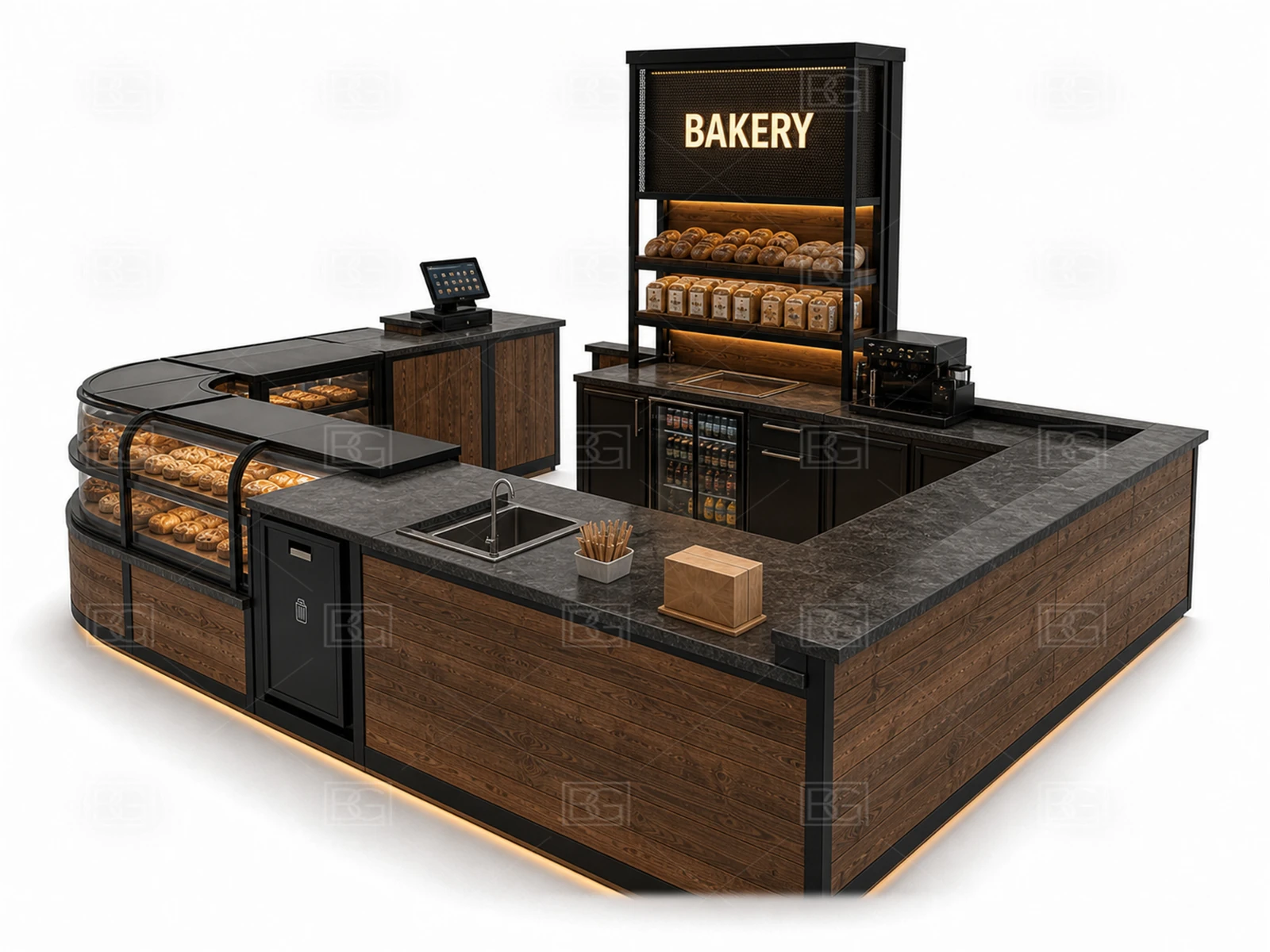 Industrial Black & Walnut Bakery Kiosk with Angled Pastry Counters at Factory Price - view 04
