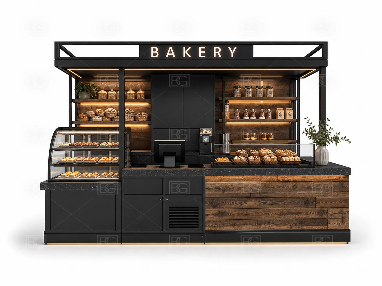 Industrial Black & Walnut Bakery Kiosk Design with Open Staff Work Area - view 02