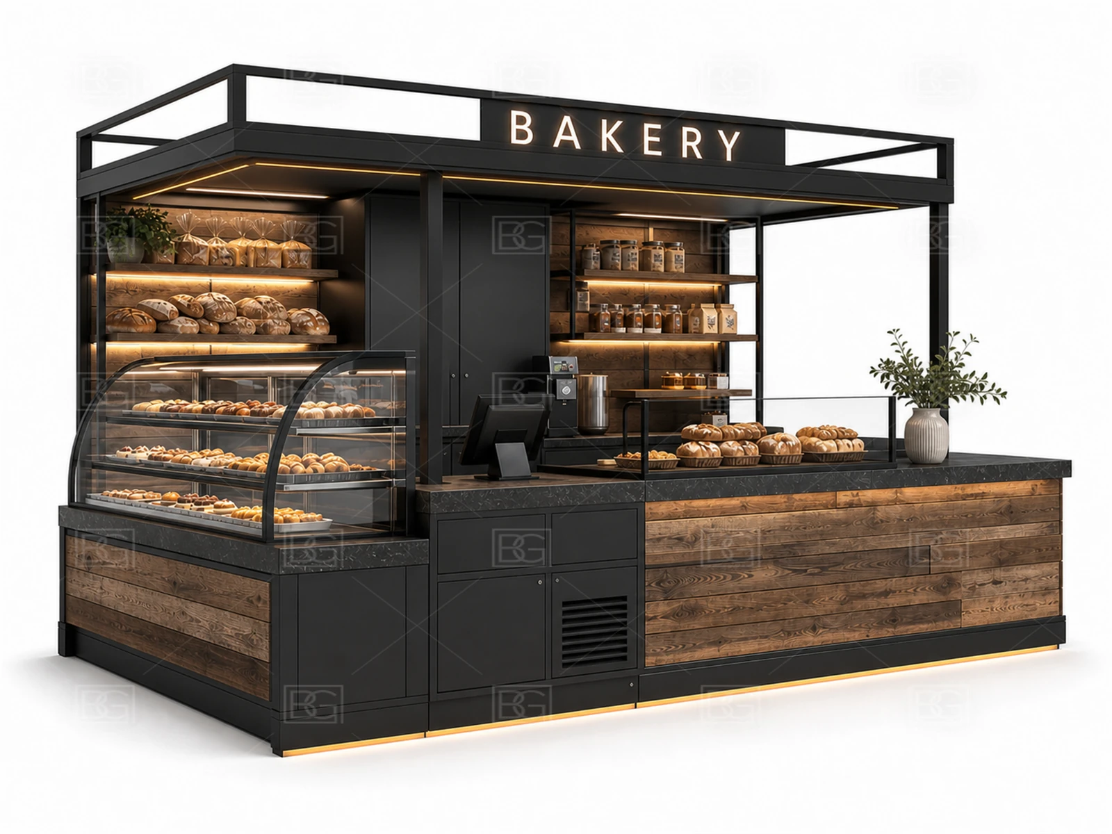 Industrial Black & Walnut Bakery Kiosk Design with Open Staff Work Area - view 03
