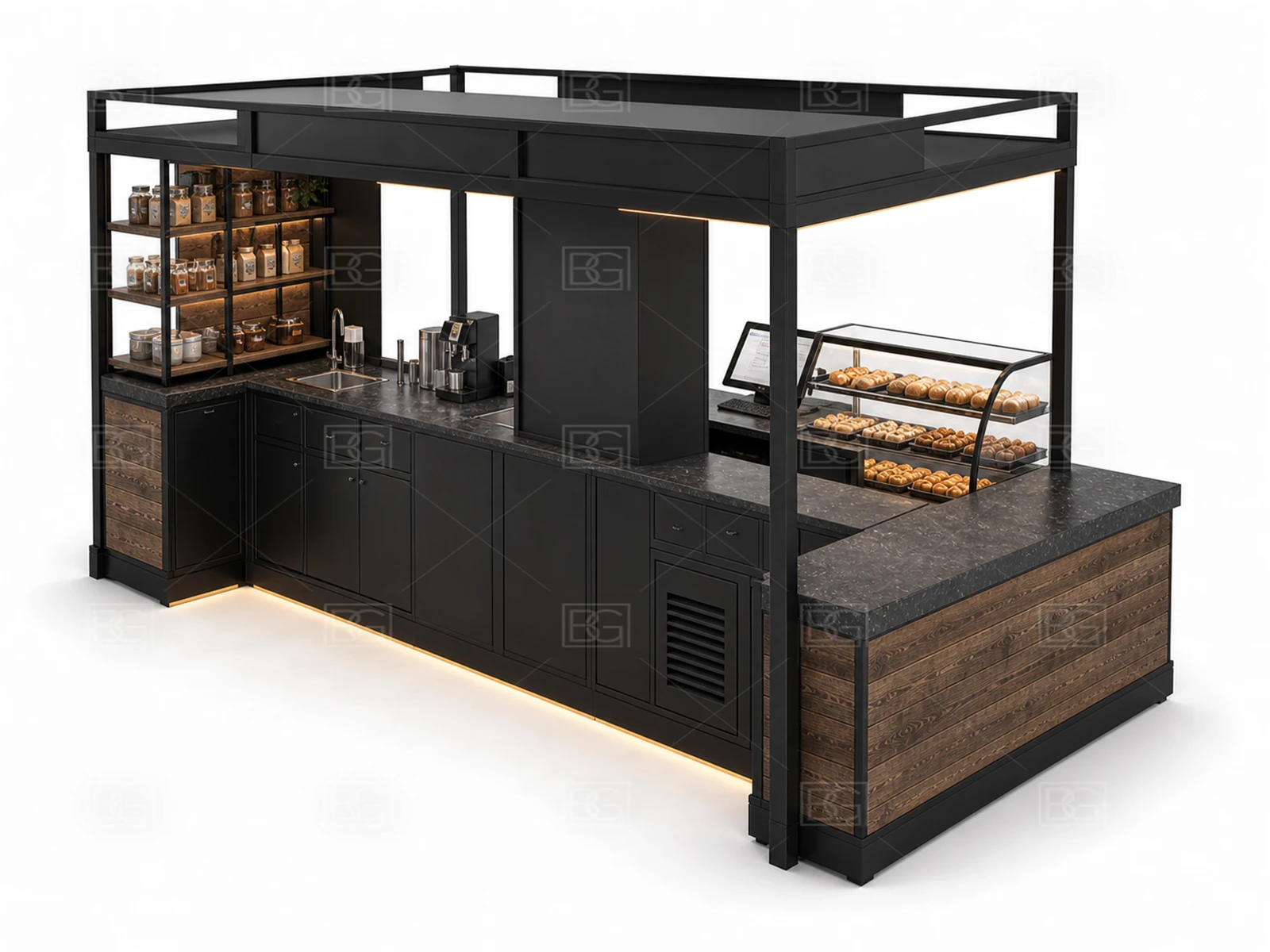 Industrial Black & Walnut Bakery Kiosk Design with Open Staff Work Area - view 04