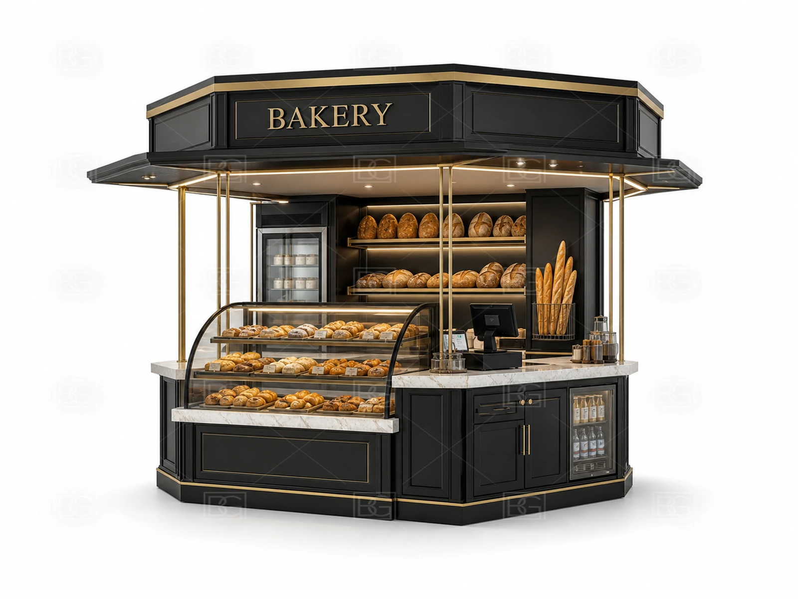 Mall Bakery Kiosk Manufacturer - Black & Brass Parisian Design with Open Pickup Wing - view 01