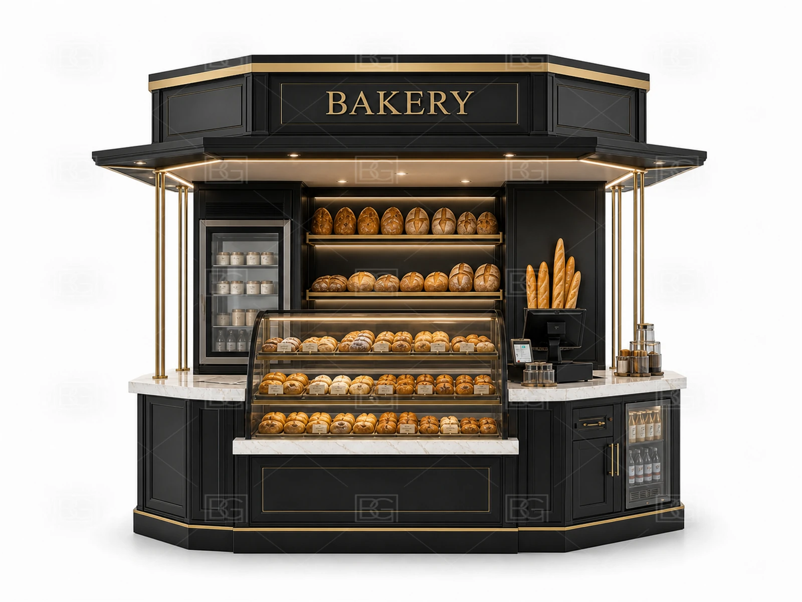 Mall Bakery Kiosk Manufacturer - Black & Brass Parisian Design with Open Pickup Wing - view 02