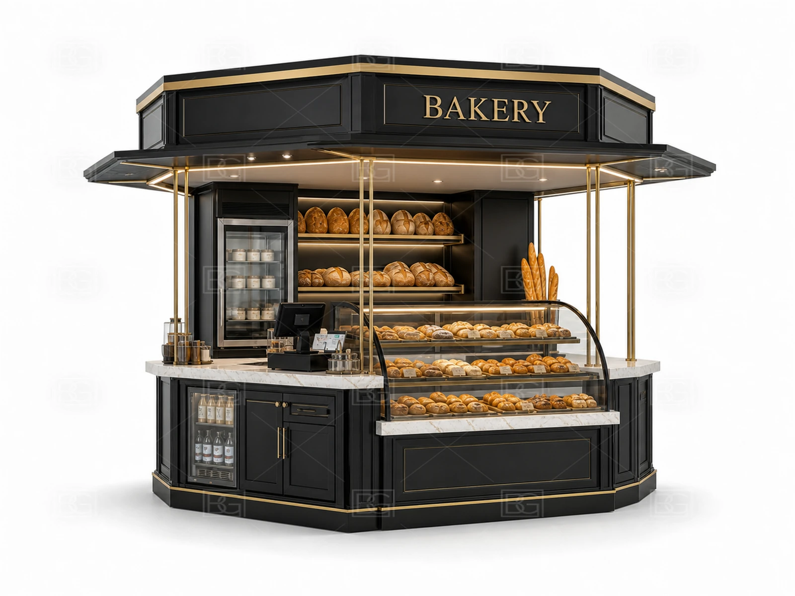 Mall Bakery Kiosk Manufacturer - Black & Brass Parisian Design with Open Pickup Wing - view 03