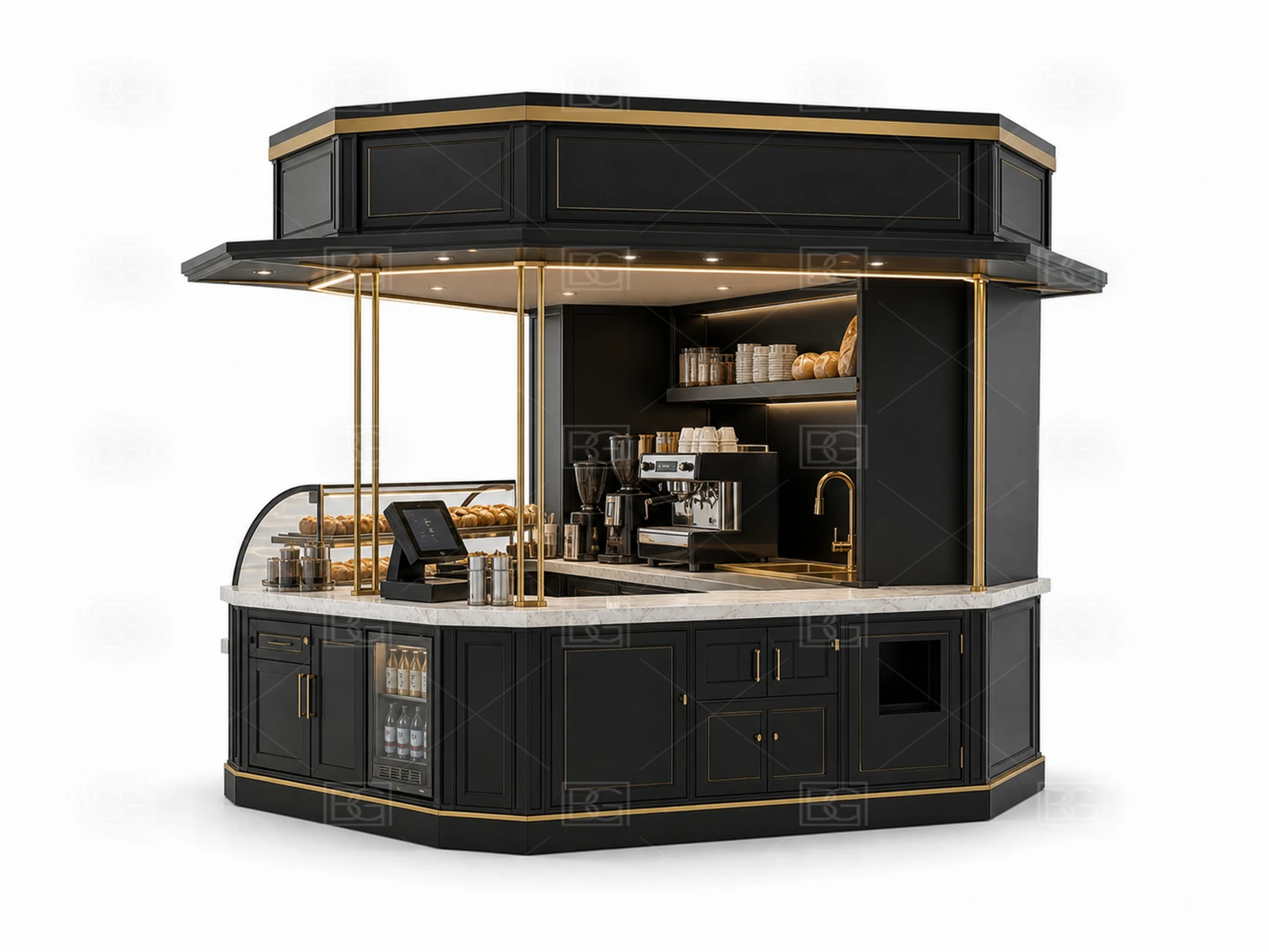 Mall Bakery Kiosk Manufacturer - Black & Brass Parisian Design with Open Pickup Wing - view 04