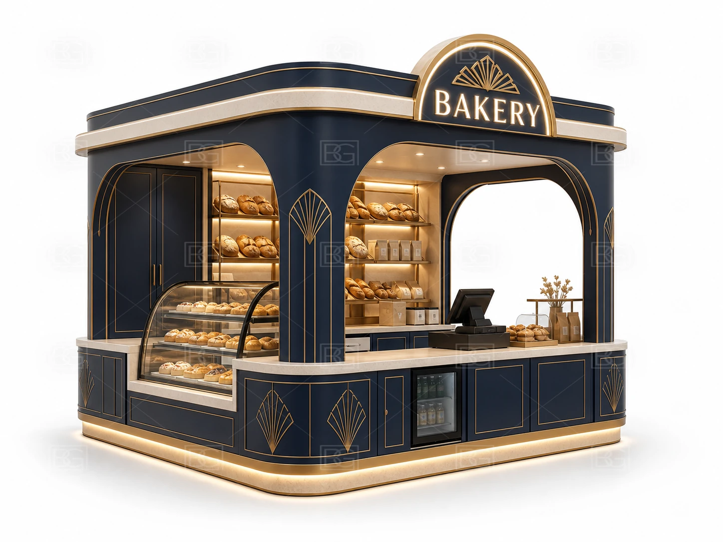 Mall Bakery Kiosk Manufacturer - Navy & Brass Art Deco Design with Open Staff Work Area - view 01