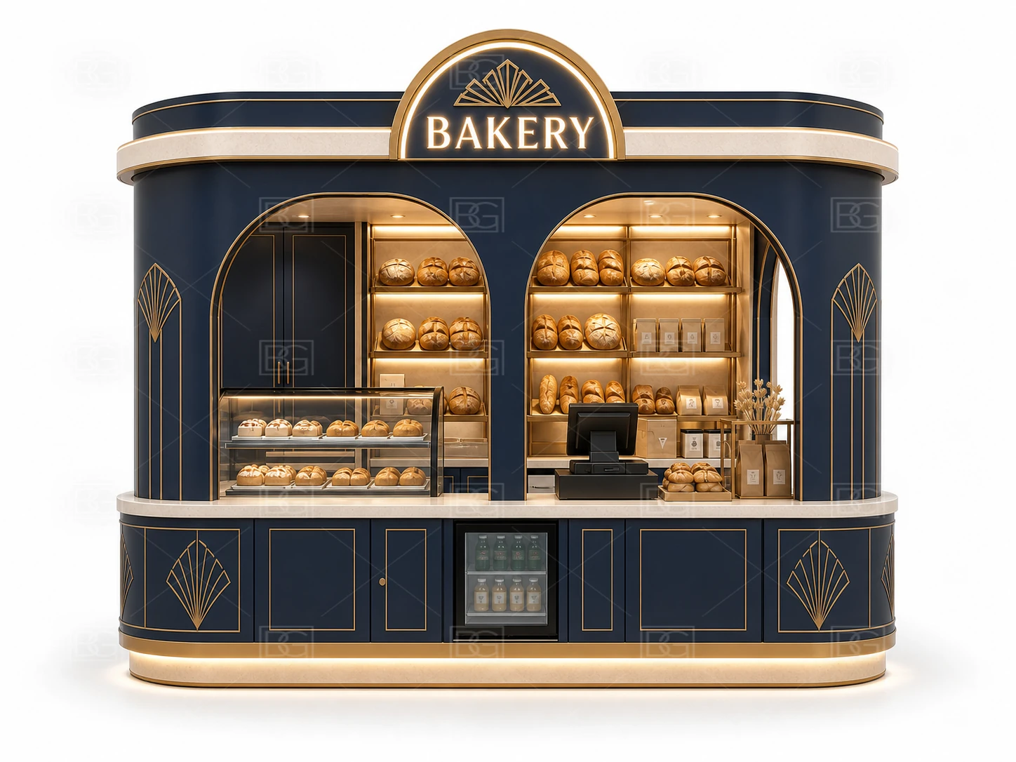 Mall Bakery Kiosk Manufacturer - Navy & Brass Art Deco Design with Open Staff Work Area - view 02