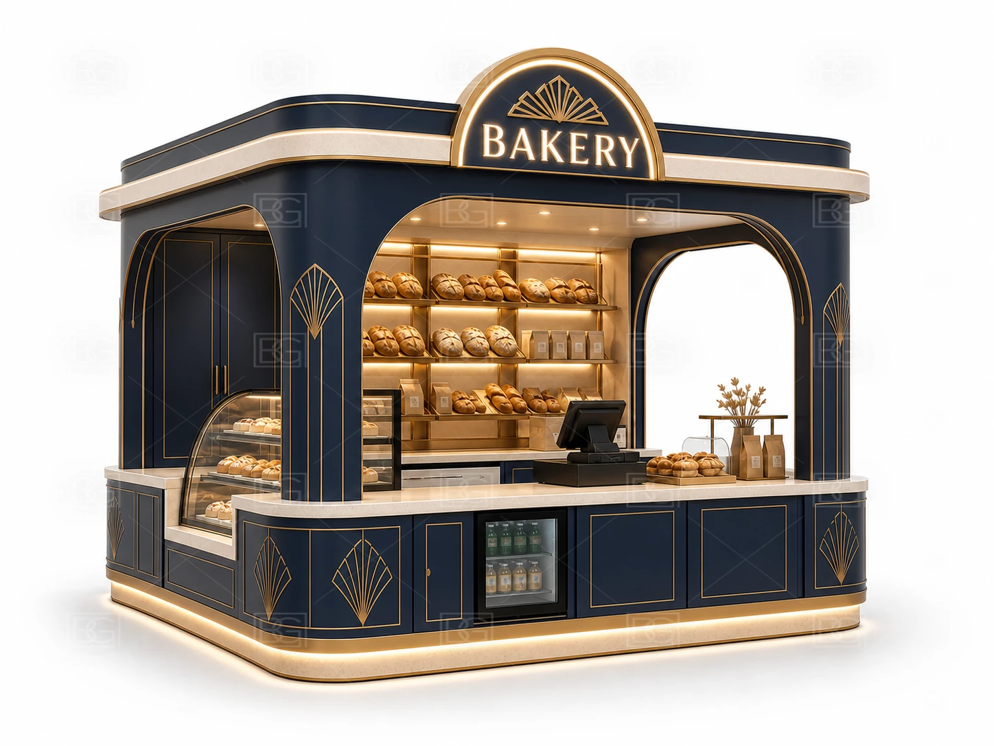 Mall Bakery Kiosk Manufacturer - Navy & Brass Art Deco Design with Open Staff Work Area - view 03