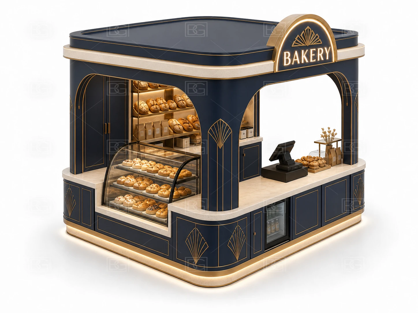 Mall Bakery Kiosk Manufacturer - Navy & Brass Art Deco Design with Open Staff Work Area - view 04