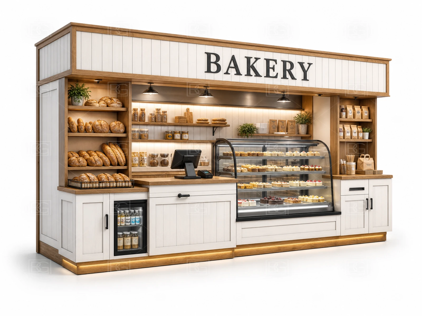 Mall Bakery Kiosk Manufacturer - Warm White Farmhouse Design with Stepped Bread Display Counters - view 01