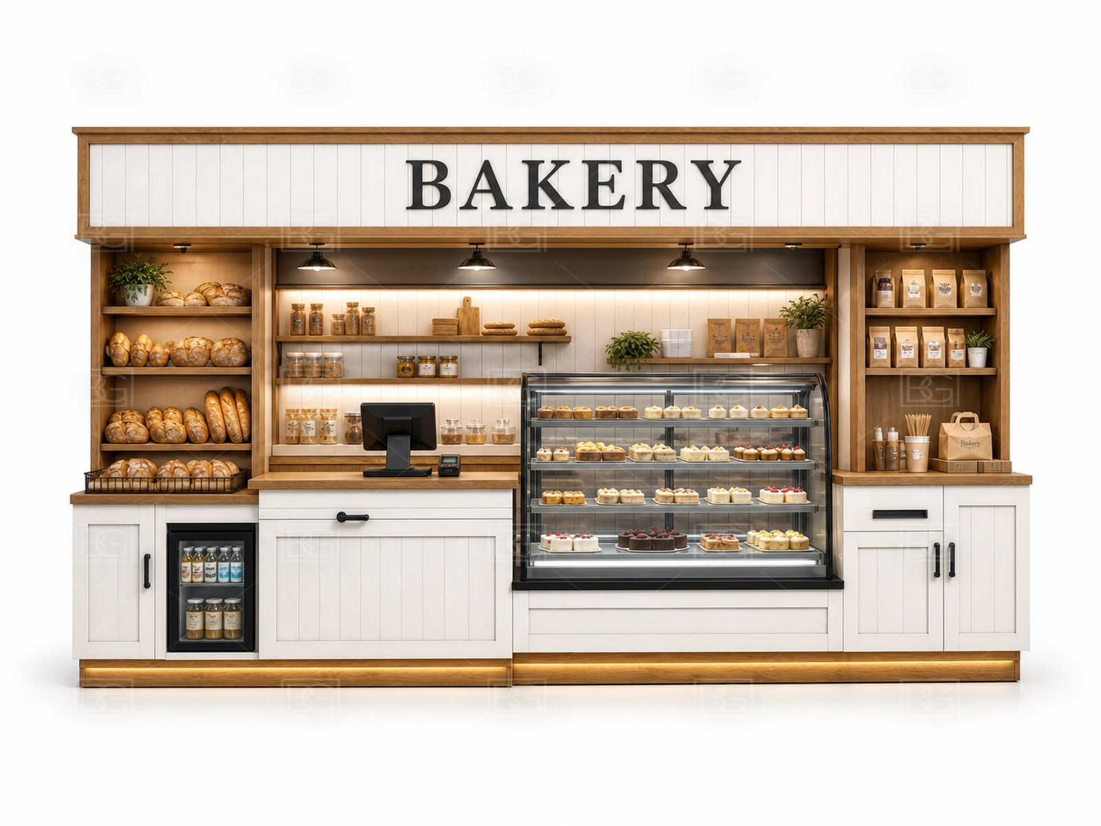 Mall Bakery Kiosk Manufacturer - Warm White Farmhouse Design with Stepped Bread Display Counters - view 02