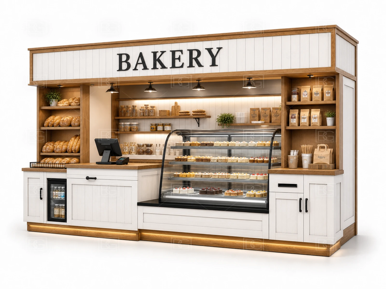 Mall Bakery Kiosk Manufacturer - Warm White Farmhouse Design with Stepped Bread Display Counters - view 03