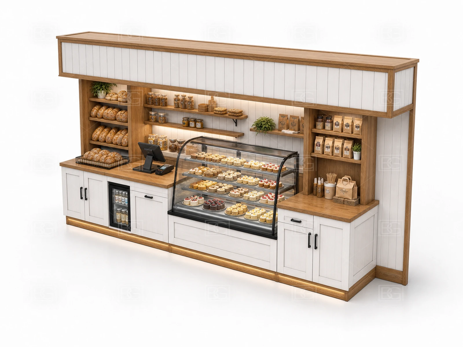 Mall Bakery Kiosk Manufacturer - Warm White Farmhouse Design with Stepped Bread Display Counters - view 04