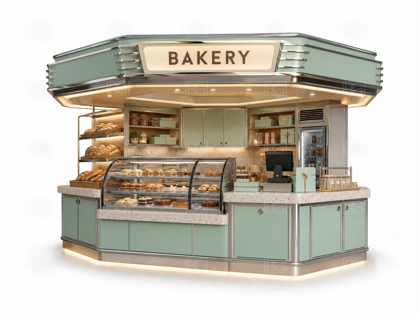 Mint & Cream Retro Bakery Kiosk with Curved U-Shaped Pastry Display at Factory Price - view 01