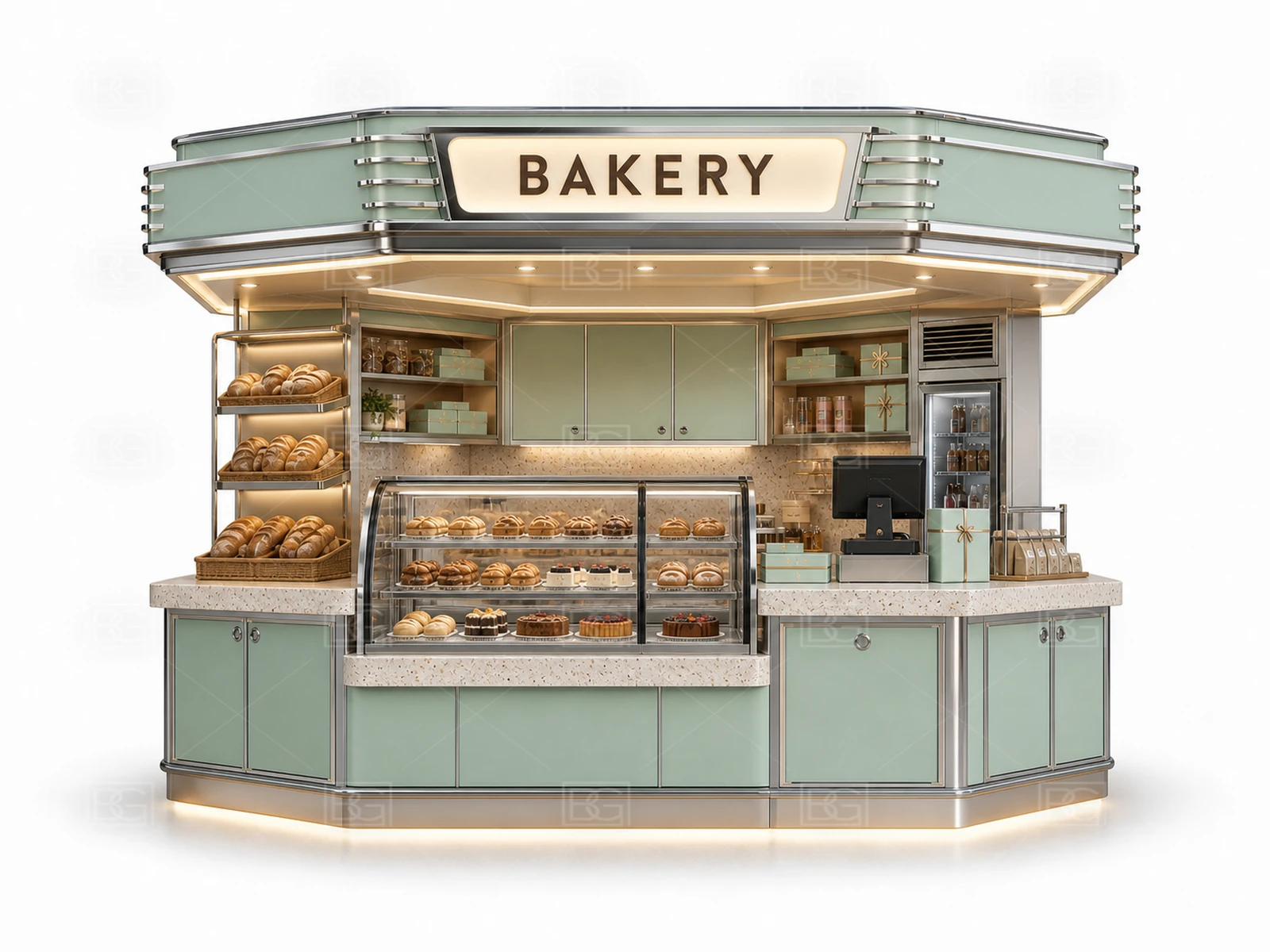 Mint & Cream Retro Bakery Kiosk with Curved U-Shaped Pastry Display at Factory Price - view 02