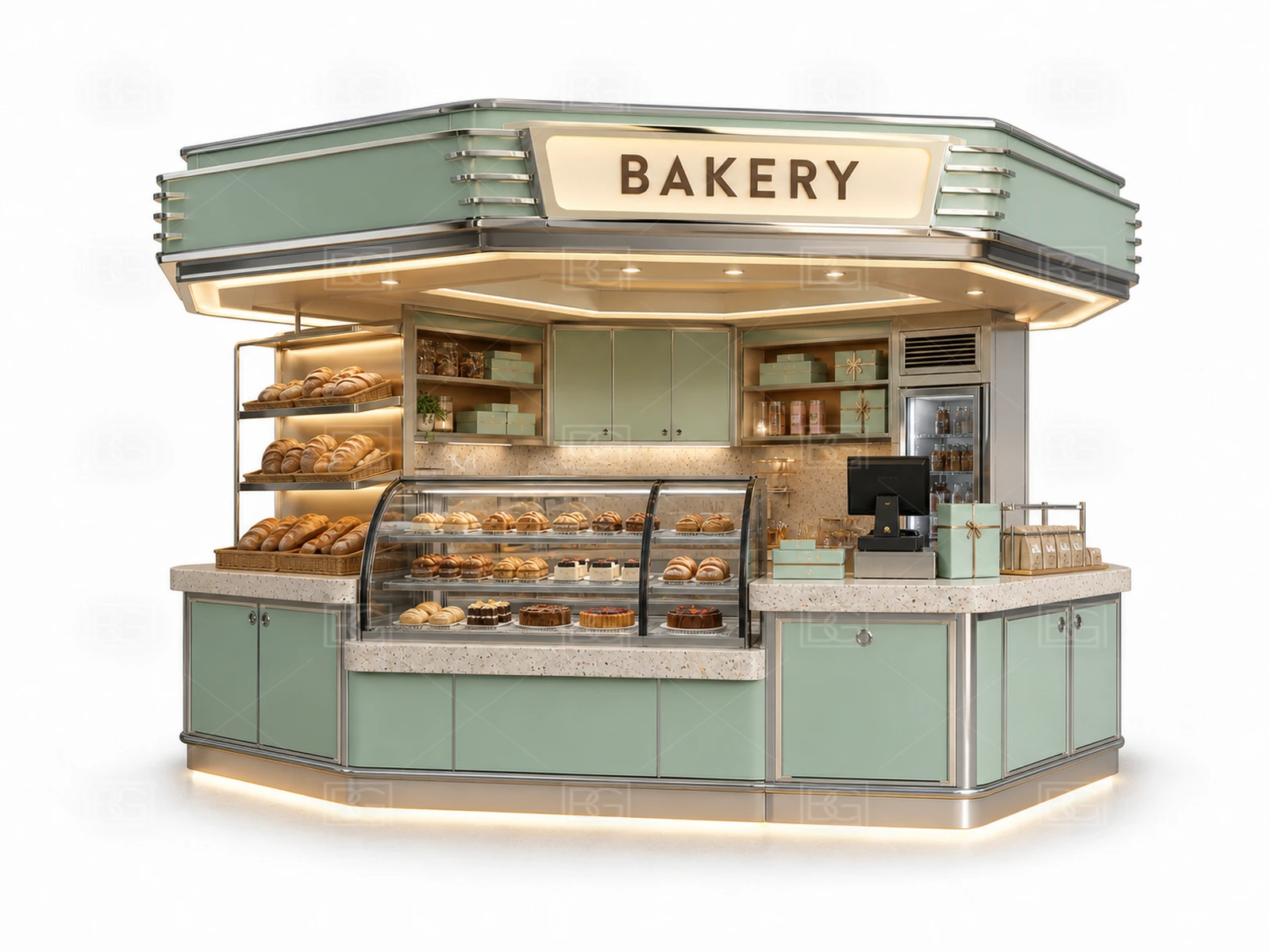 Mint & Cream Retro Bakery Kiosk with Curved U-Shaped Pastry Display at Factory Price - view 03