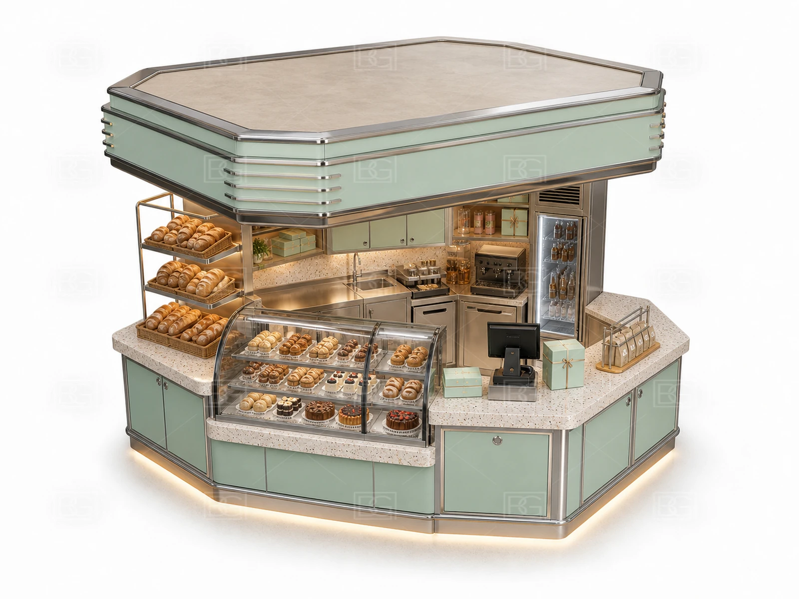 Mint & Cream Retro Bakery Kiosk with Curved U-Shaped Pastry Display at Factory Price - view 04