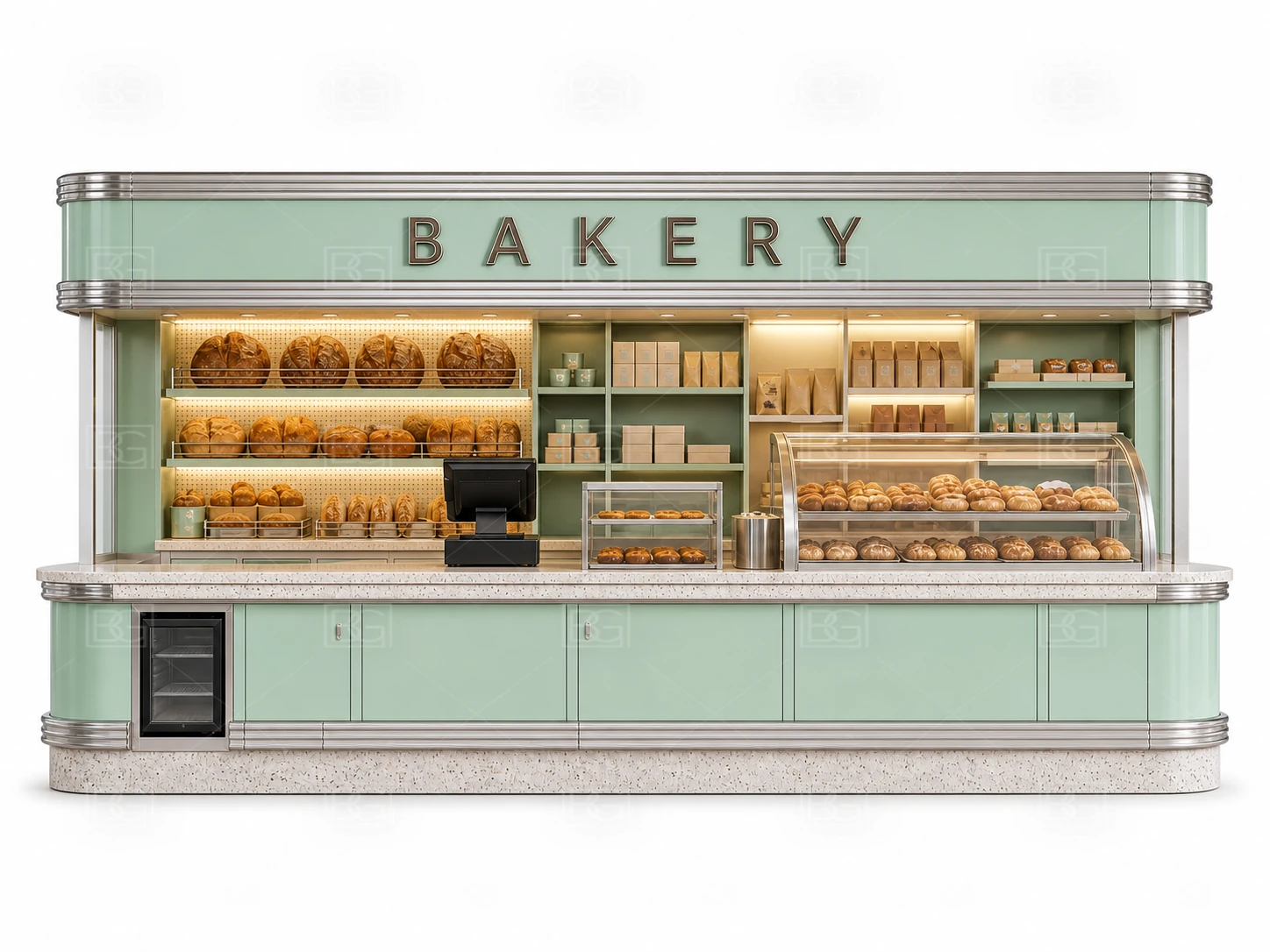 Mint & Cream Retro Bakery Kiosk Design with Brass-Trimmed Display Counters - view 02