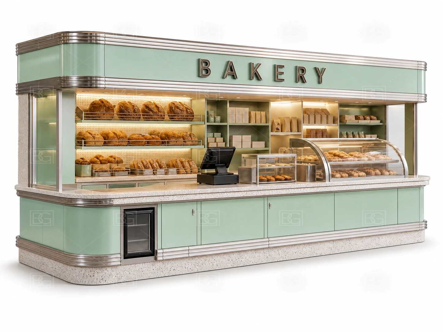 Mint & Cream Retro Bakery Kiosk Design with Brass-Trimmed Display Counters - view 03