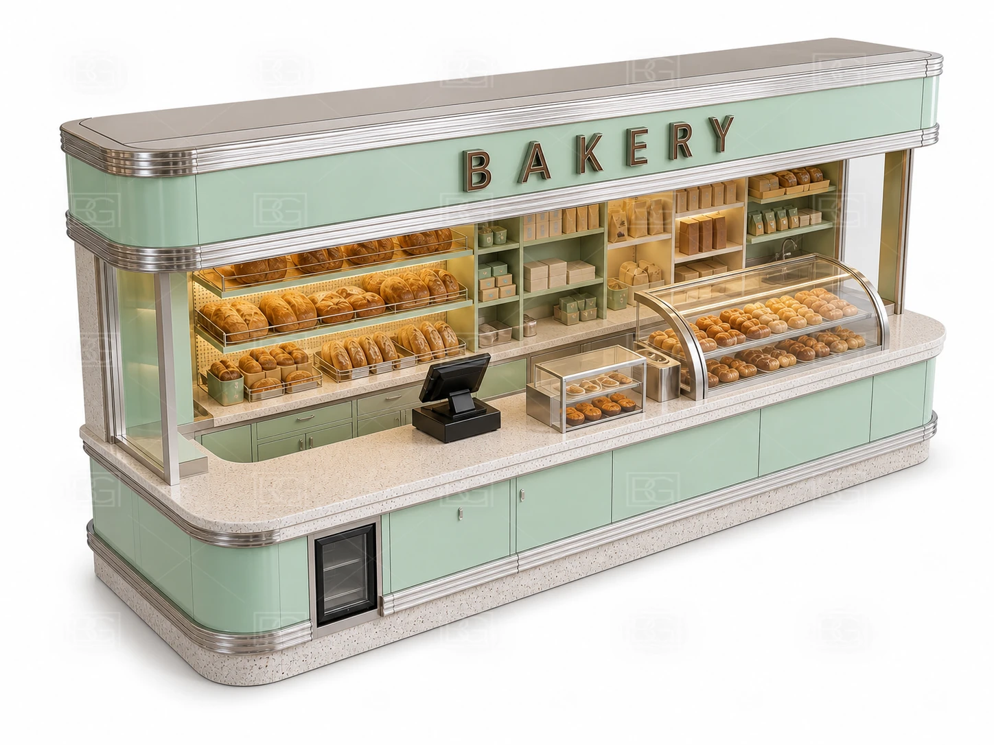Mint & Cream Retro Bakery Kiosk Design with Brass-Trimmed Display Counters - view 04