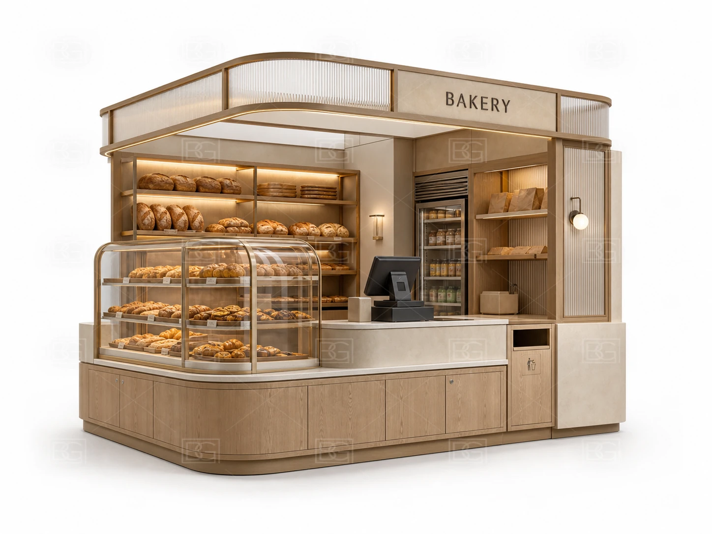 Natural Wood Wabi-Sabi Bakery Kiosk Design with Rounded-End Display Counter - view 01