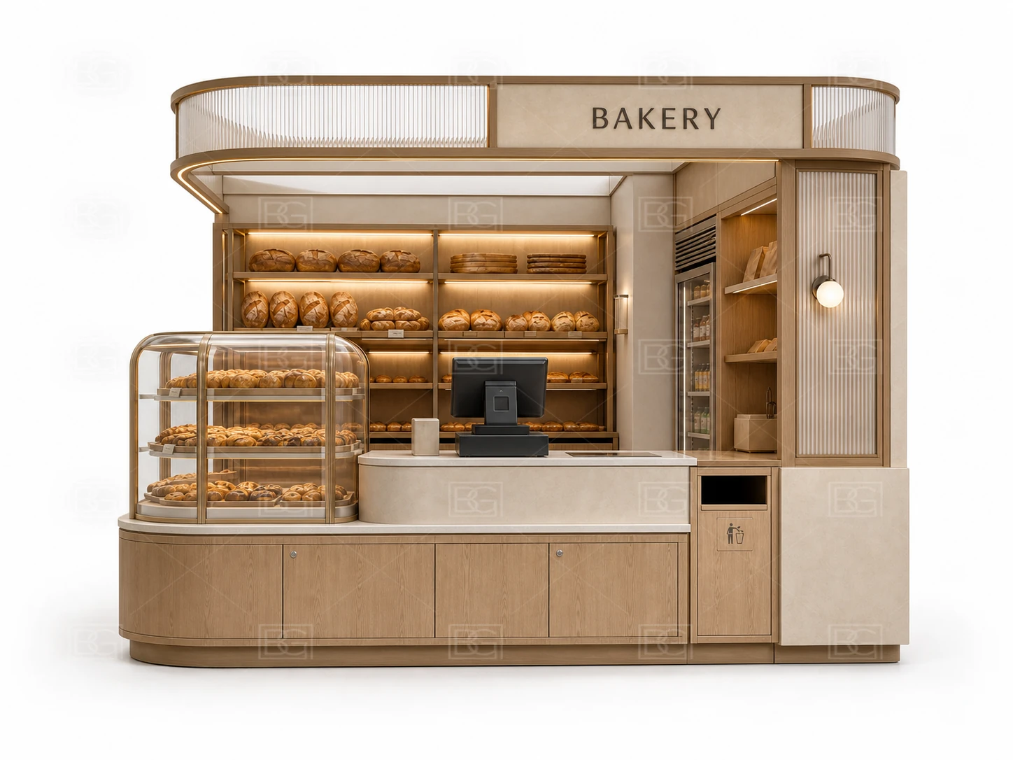 Natural Wood Wabi-Sabi Bakery Kiosk Design with Rounded-End Display Counter - view 02