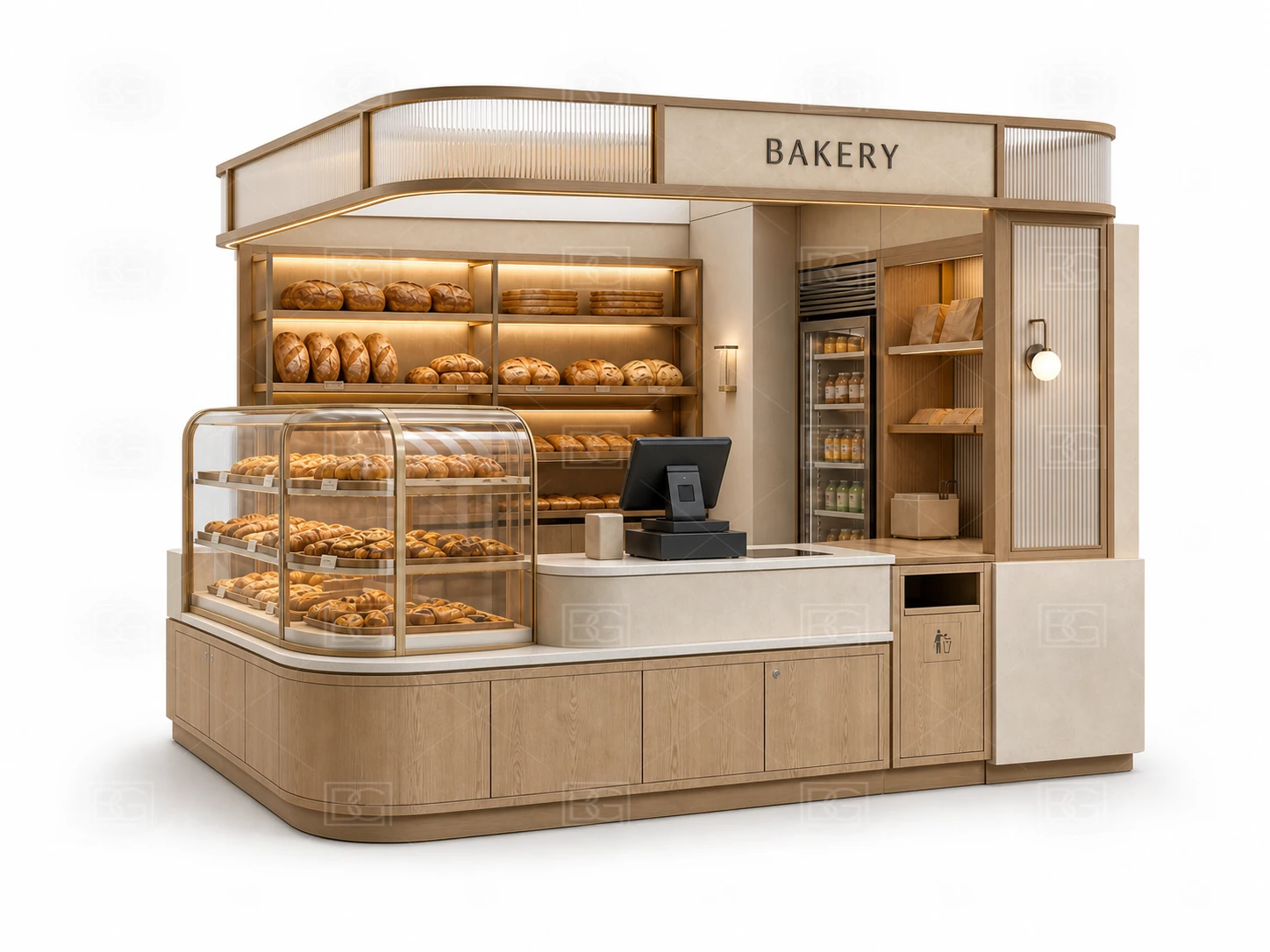 Natural Wood Wabi-Sabi Bakery Kiosk Design with Rounded-End Display Counter - view 03