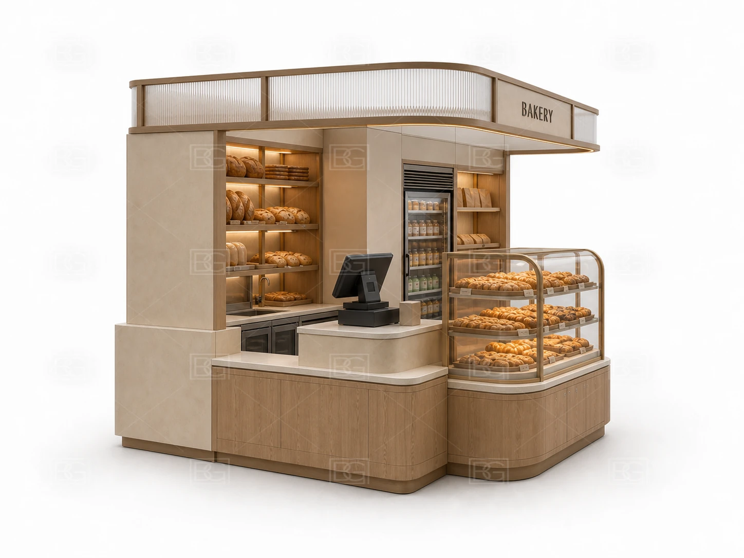 Natural Wood Wabi-Sabi Bakery Kiosk Design with Rounded-End Display Counter - view 04