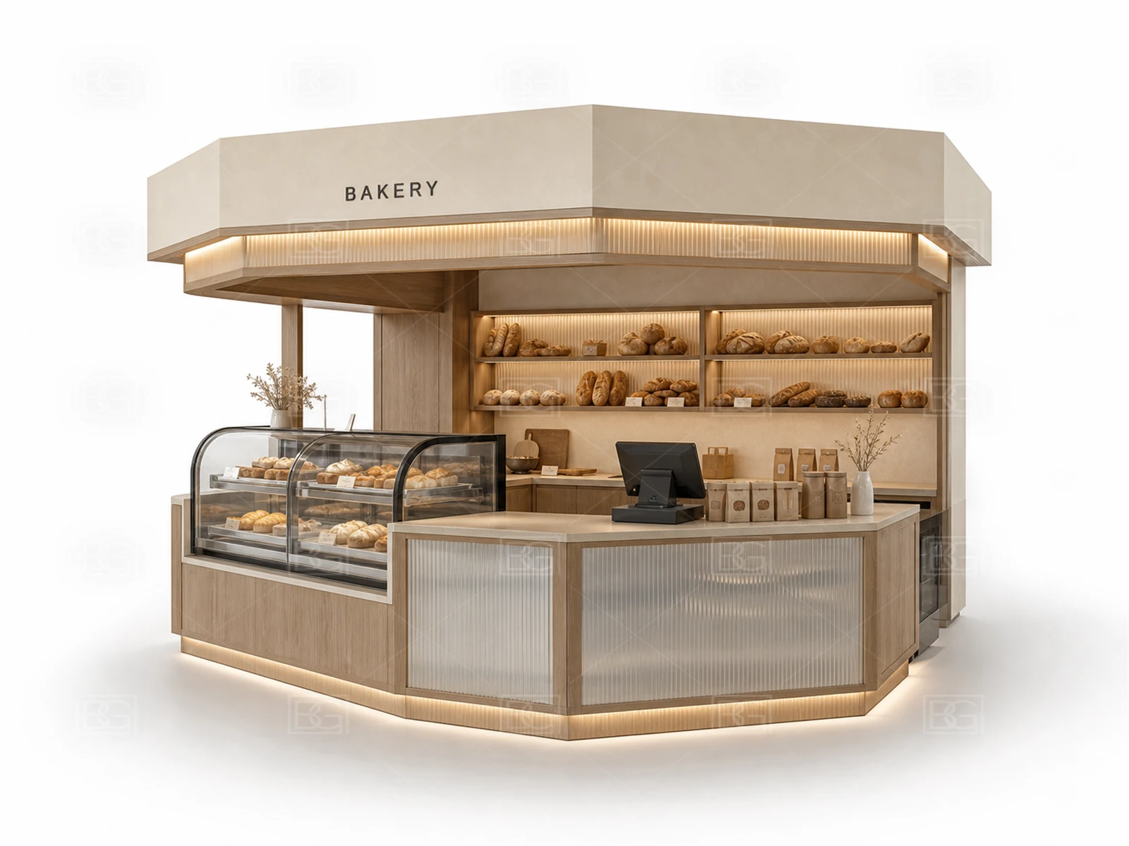 Natural Wood Wabi-Sabi Bakery Kiosk for Sale with Rounded-End Display Counter - view 01
