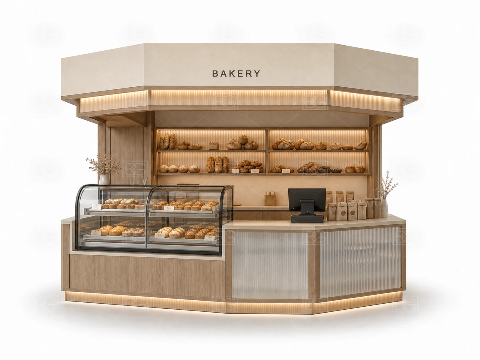 Natural Wood Wabi-Sabi Bakery Kiosk for Sale with Rounded-End Display Counter - view 02