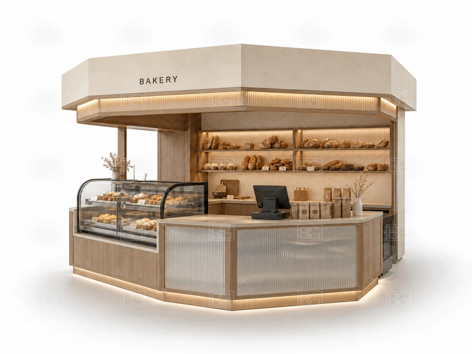 Natural Wood Wabi-Sabi Bakery Kiosk for Sale with Rounded-End Display Counter - view 03