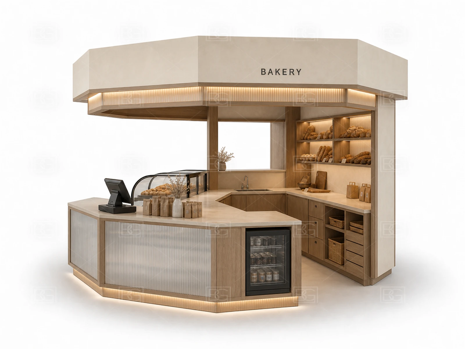 Natural Wood Wabi-Sabi Bakery Kiosk for Sale with Rounded-End Display Counter - view 04