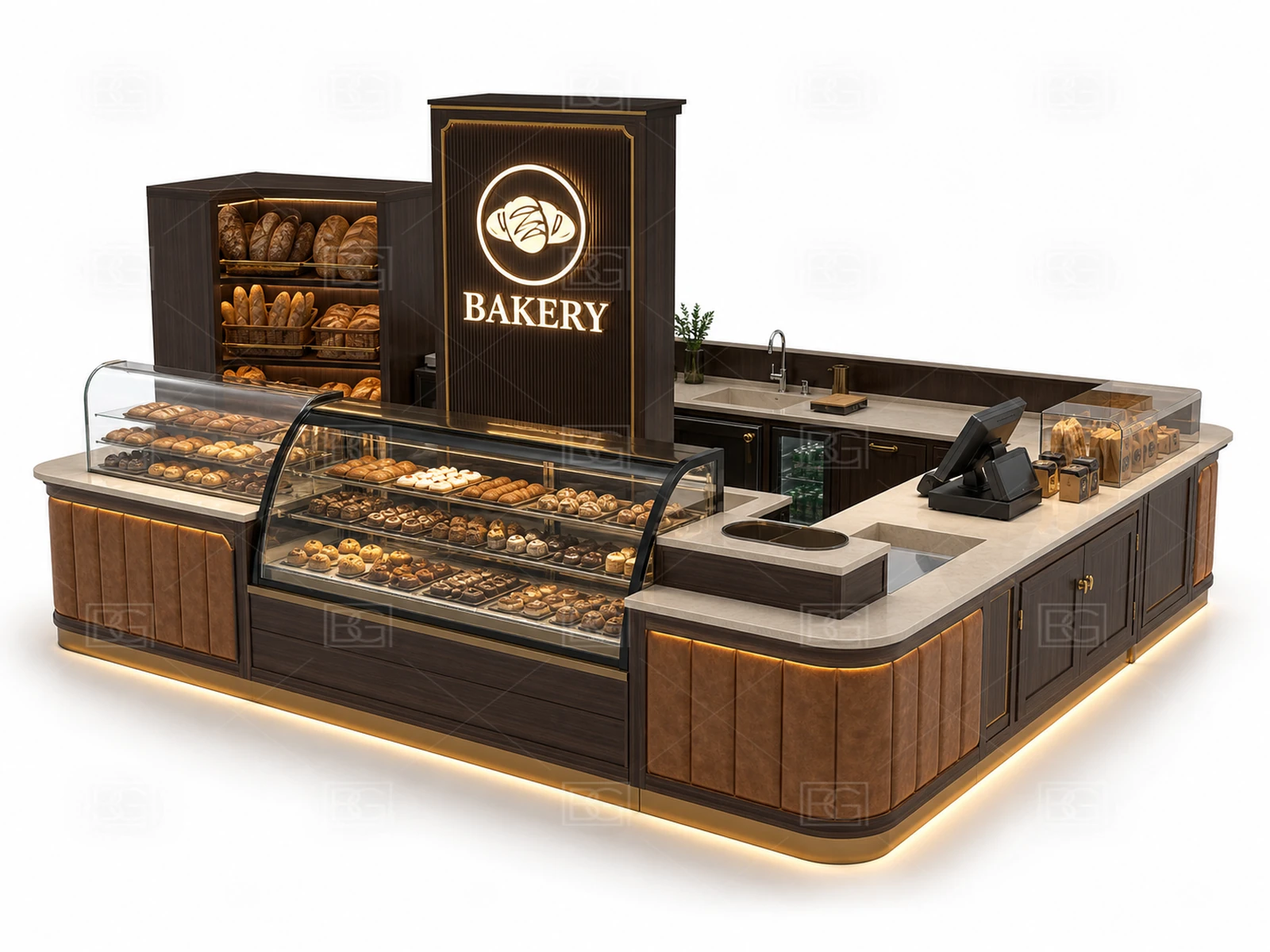 Professional Bakery Kiosk Design - Chocolate Brown Boutique Booth with Multi-Side Glass Display - view 01