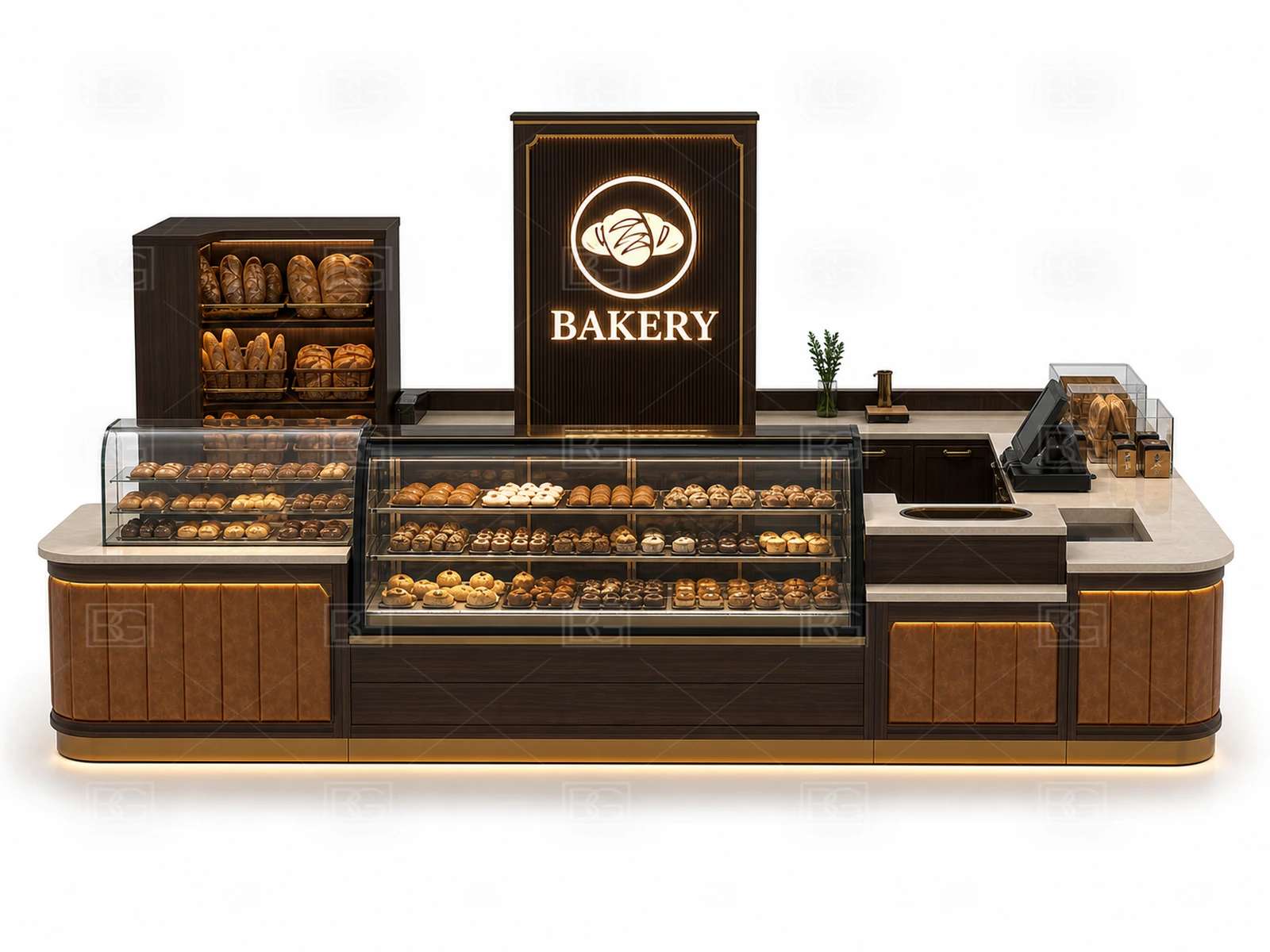 Professional Bakery Kiosk Design - Chocolate Brown Boutique Booth with Multi-Side Glass Display - view 02