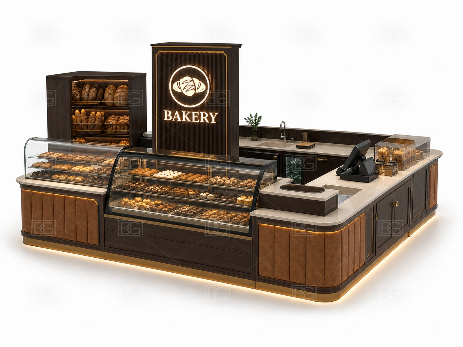 Professional Bakery Kiosk Design - Chocolate Brown Boutique Booth with Multi-Side Glass Display - view 03
