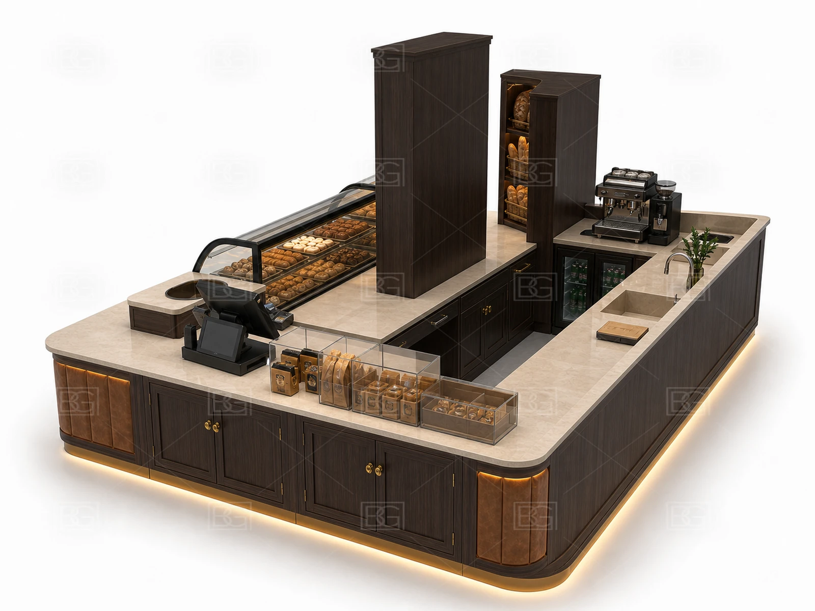 Professional Bakery Kiosk Design - Chocolate Brown Boutique Booth with Multi-Side Glass Display - view 04