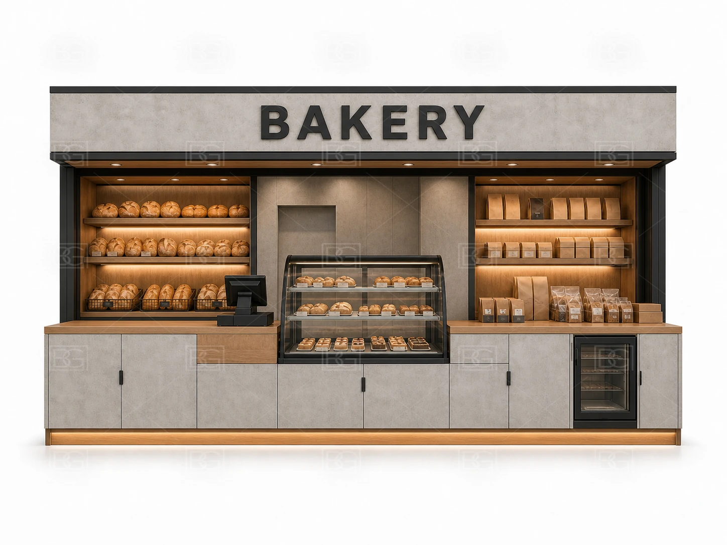 Professional Bakery Kiosk Design - Concrete Grey & Oak Booth with Four-Sided Pastry Display - view 02